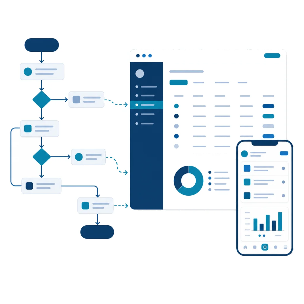 Illustration of banking processes turning into web and mobile software screens