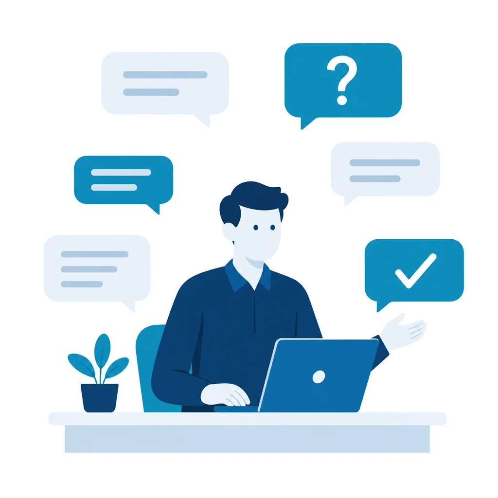 Illustration of a QASOFT consultant answering client questions in chat bubbles