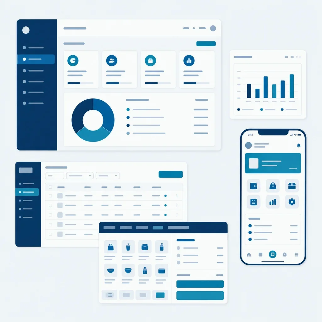Illustration of banking software systems: web portal, mobile app, back-office dashboard and reports
