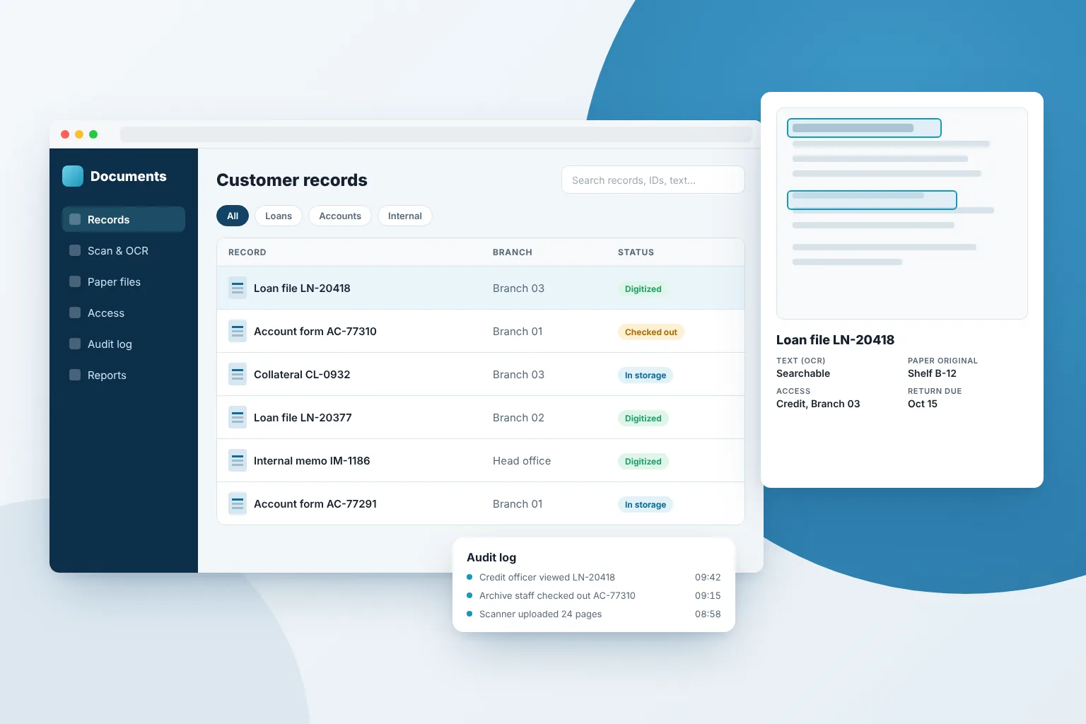 Illustrative document management screen with record list, OCR preview and audit log