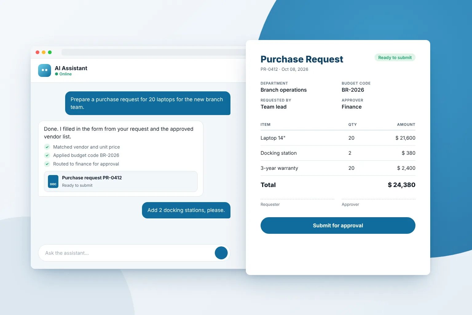 Illustrative AI assistant chat drafting a purchase request
