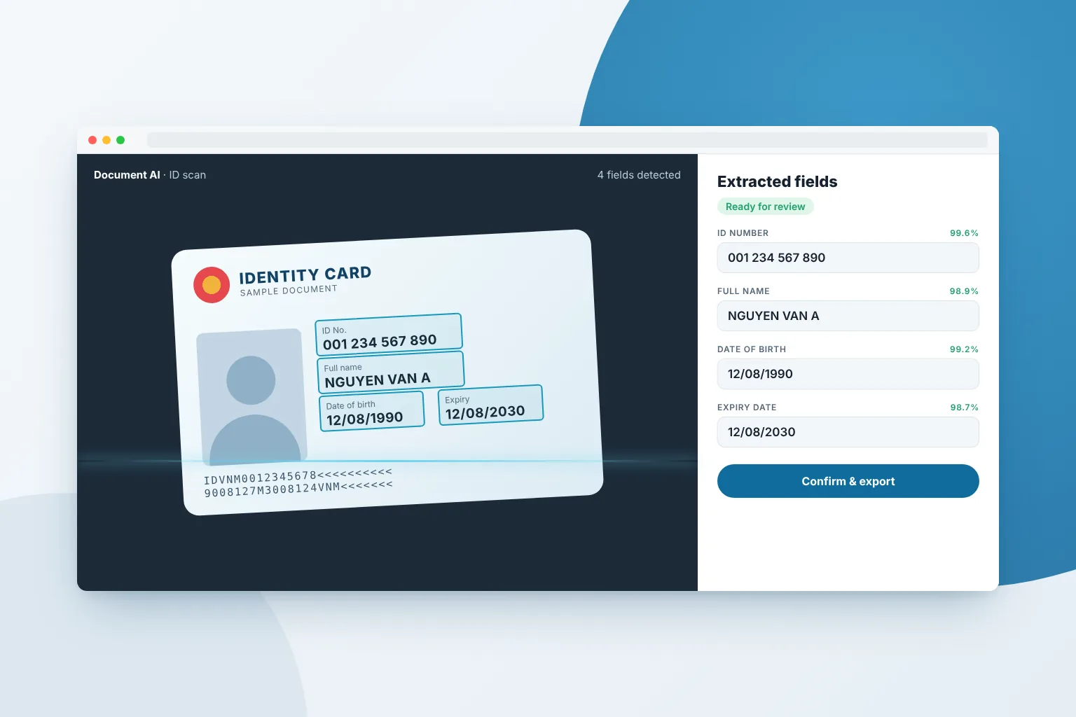 Illustrative OCR screen extracting fields from a sample ID card